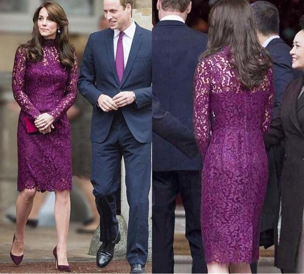 

purple lace mother of the bride dresses high neck long sleeves sheath knee length formal women039s wear elegant celebrity party6747282, Black;red