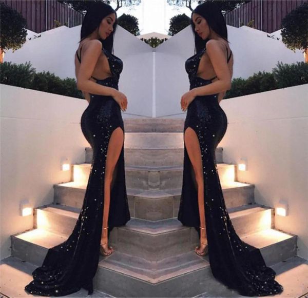 

2023 sparkly sequins prom dresses mermaid side slit criss cross straps sweep train custom made ruched evening party gowns vestidos plus size, Black
