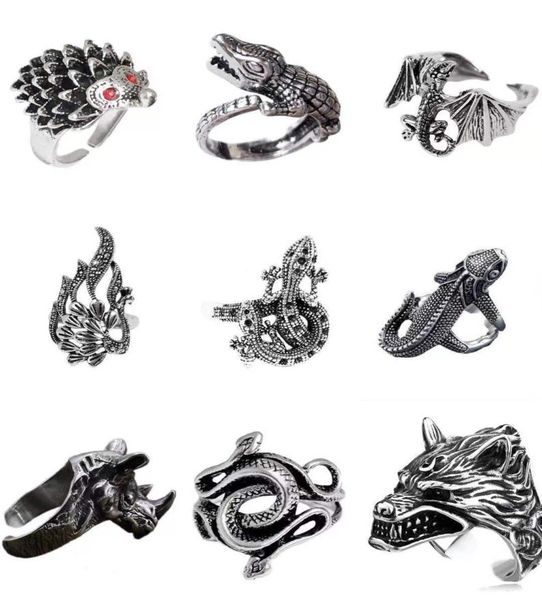 

12pcs band ring set for women girls animals fashion men jewelry vintage ancient silver punk gothic adjustable rings bulk4081823