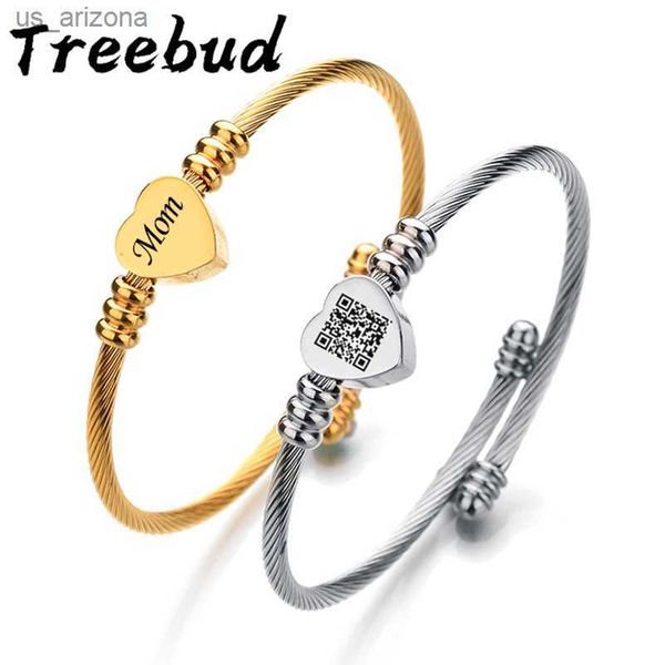 

treebud custom qr code heart charm bracelets stainless steel engrave name cuff bangle for family friends mom jewelry gifts l230620, Golden;silver