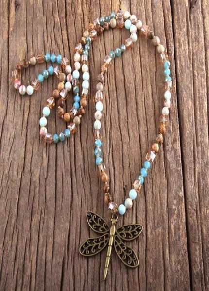 

pendant necklaces rh fashion boho jewelry 6mm natural stones and glass dragonfly necklace bohemai beads knotted for women gift18281697, Silver
