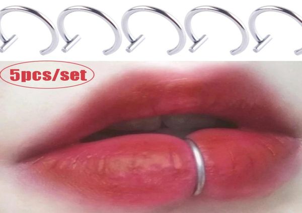 

5pcs lip rings neutral punk cshaped lips clip fake piercing jewelry diaphragm with perforated hoop80734729500972, Black