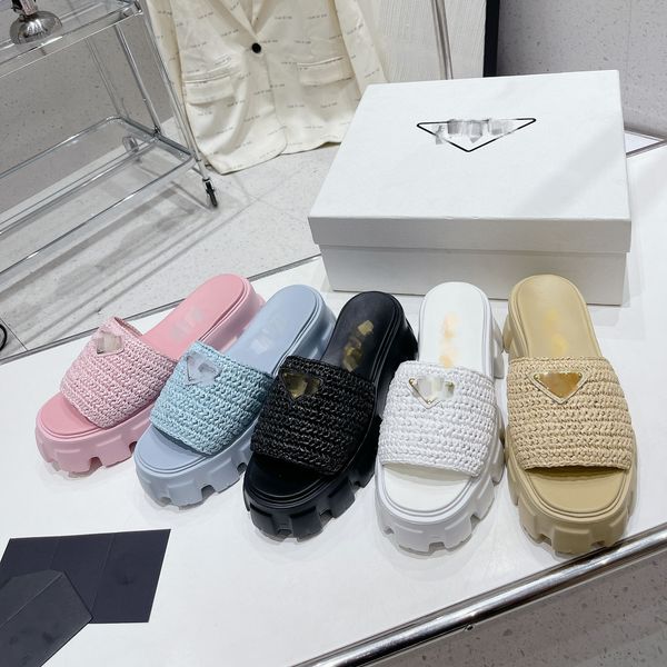 

triangle lug sole slippers raffia straw slide platform sandals shoes slip-on thick bottoms flats sandal women luxury designer slides slipper, Black