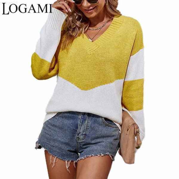 

women's sweaters logami sweater women's fall new v-neck contrast color pullover patchwork sweater l230718, White;black