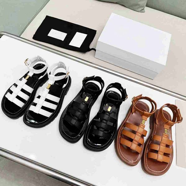 

2023 adjustable buckle ankle-strap sandal clea triomphe gladiator chunky sandals vegetal flats shoes platform luxury designer slides factory, Black
