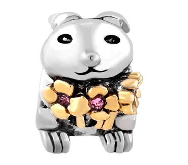 

rhodium and gold plating light red rhinestone rabbit holding flower bead european charm fit bracelet1249468, Black