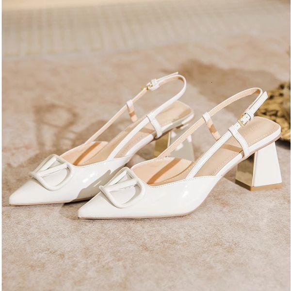 

sandals 2023 summer shallow mouth v buckle mid heel baotou sandals pointy thin heels back empty hundred matching women s shoes 230718, Black