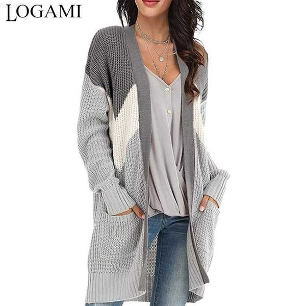 

women's sweaters logami knitted cardigan v neck geometric colorblock cardigan women long sleeve pocket sweater long knitwear l230718, White;black