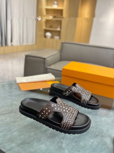 

designer slippers beach classic flat sandals luxury summer lady leather flip flops men women slides 0714, Black