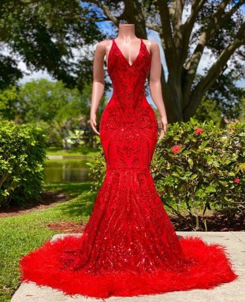 

arabian black girl mermaid prom dresses red sequined elegant backless feather evening gowns long women formal dress robe de s6235409