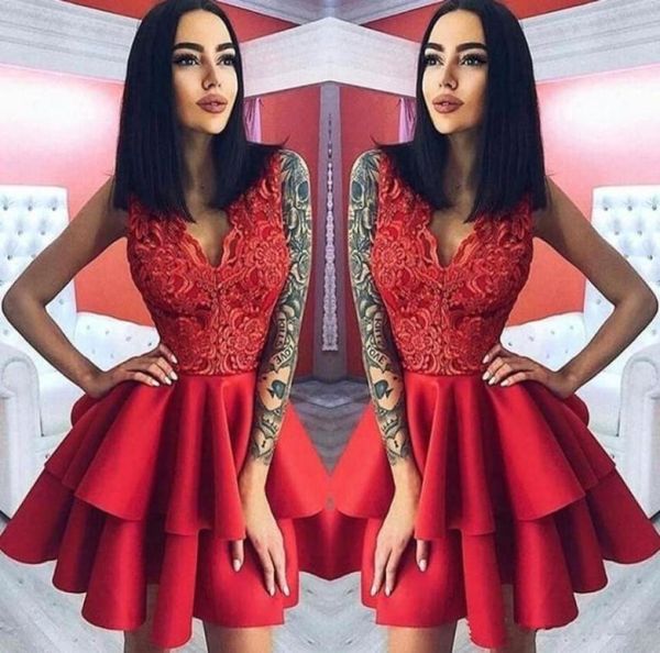 

layer ruffles red short cocktail dresses a line v neck appliques knee length homecoming gowns prom evening dress8475808, Black