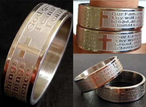 

bulk lots 100pcs mix of religious jesus bible prayer rings etched lords serenity prayer silver 8mm 316l stainless steel cross 9088520