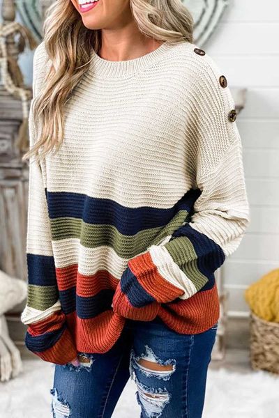 

women's sweaters women knitwear autumn winter new casual round neck pullover splice ladies fashion stripe contrast loose long sleeve s, White;black