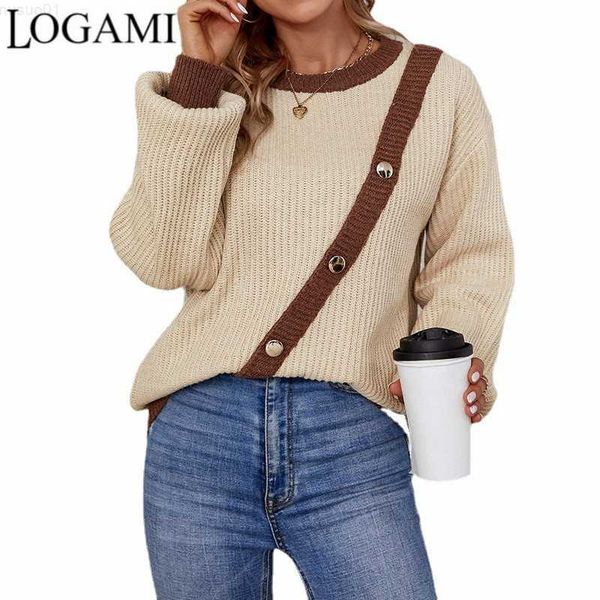 

women's sweaters logami autumn winter new contrast button pullovers woman round neck sweater lantern sleeve knitted sweater jumper l230, White;black