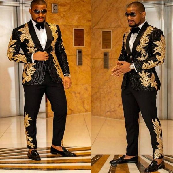 

2 pieces groom tuxedos man groomsmen suits fashion business men suits black with gold blazer shawl lapel 234j, Black;gray