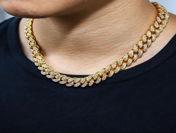 

mens 14k gold iced out miami cuban link chains hip hop jewelry bling rhinestone 18inch 20inch 24inch chain silver fin9091532
