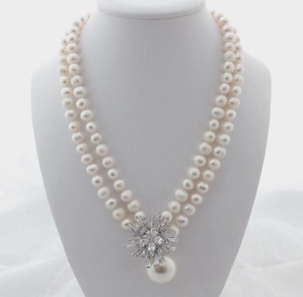 

charming 2strands 78mm white freshwater pearl necklace micro inlay zircon accessories shell pendant long 4548cm3271339, Silver
