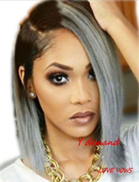 

none lace full wig ombre black gray 12 inch straight short bob synthetic heat resistant hair wigs fashion popular y demand8660765