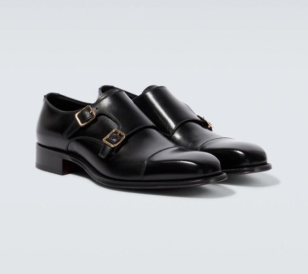 

made in italy men's dress shoes smooth calf leather classic hat stitching design brass hardware buckle modern business wedding low heel, Black