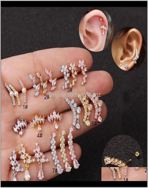 

stud earrings 1pc cz curved cartilage piercing jewelry 20g stainless steel earring tragus rook conch screw back stud ear rfco87439770, Golden;silver