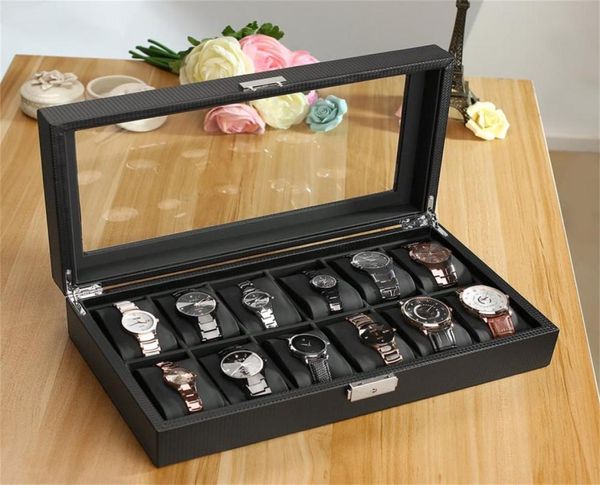 

leatherette 12 slot carbon watch box fiber design jewelry display storage holder winder black large watchs box saat kutusu8078875, Black;blue