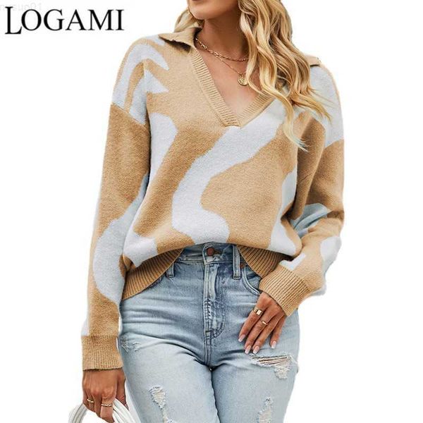 

women's sweaters logami contrast color polo collar sweater 2022 autumn winter women's patchwork pullover l230718, White;black