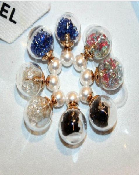 

colorful rystal transparent glass ball pearl stud earrings for woman girls fashion luxury designer double sided2819192, Golden;silver