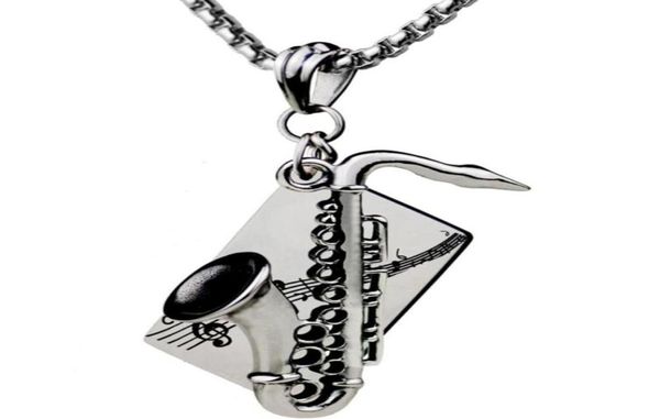 

musical instrument saxophone pendant necklace stainless steel hip hop titanium pearl chain jewelry necklaces1167549, Silver