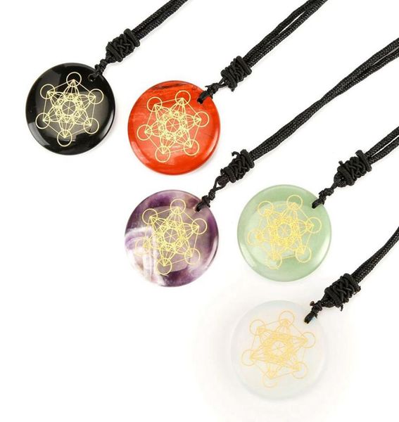 

natural stone disc shape charm fashion necklace engraved flower of life multidimensional metatrone cube pendant amethyst rose quar7564681, Silver