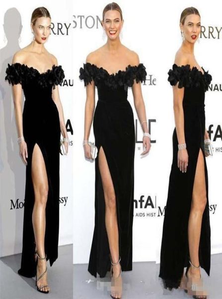 

2019 new arrival karlie kloss black formal evening dress celebrity dresses off shoulder 3d floral velvet split prom dresses3501015, Black;red