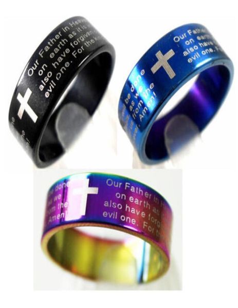

whole 25pcs english lords prayer cross stainless steel rings mens jewelry lots1197072, Silver