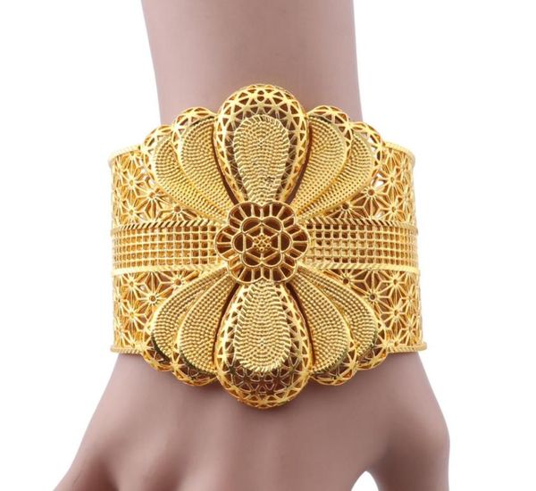

luxury indian big wide bangle 24k gold color flower bangles for women african dubai arab wedding jewelry gifts6133319, Black