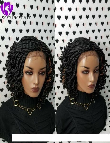 

h 1b black micro braiding with curly tips synthetic lace front wigs black short braided wig heat resistantr hair for b9959379