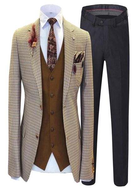 

men suits 3 pieces plaid bridegroom suits slim fit notched lapel solid prom wedding tuxedos brown vest men suit setjacket2680850, Black;gray