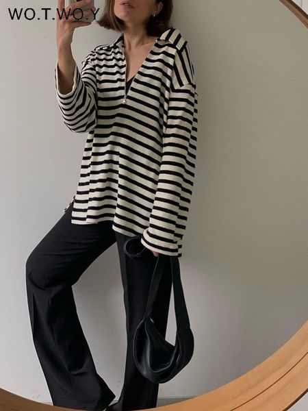 

women's blouses shirts wotwoy summer casual striped polo shirt cotton long sleeve tshirt solid pullovers female loose tee 2023 polos 2, White