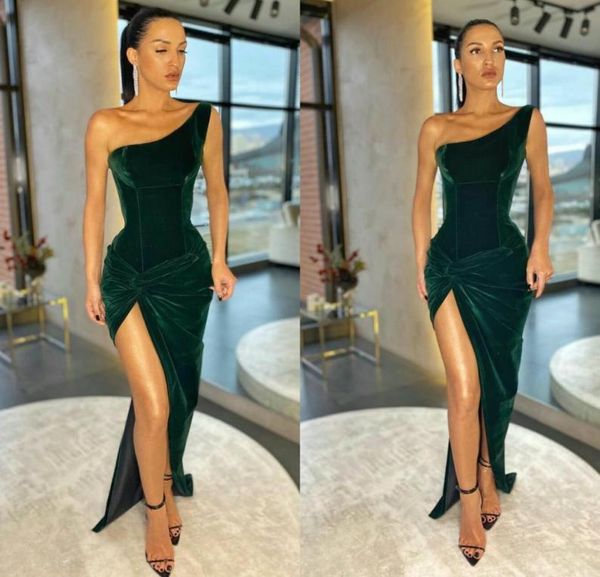 

2020 velvet dark green evening dresses one shoulder high side split mermaid prom dress custom made sweep train formal party dress3437810, Black