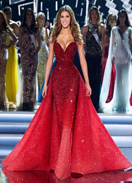 

red sweetheart mermaid evening dresses with detachable train full beads sequins prom dress luxury dubai arabic formal gown party e9556911, Black;red