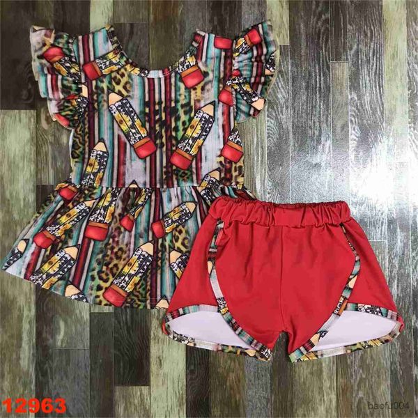 

clothing sets back to school outfit 0-16 year children girls clothes apple pencil embroidery stripe dots shorts set baby kids clothing ruffl, White