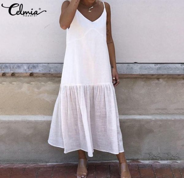 

2020 summer women spaghetti strap long dress celmia ruffles hem v neck linen midi dress casual loose plus size beach party robe y03103253, Black;gray