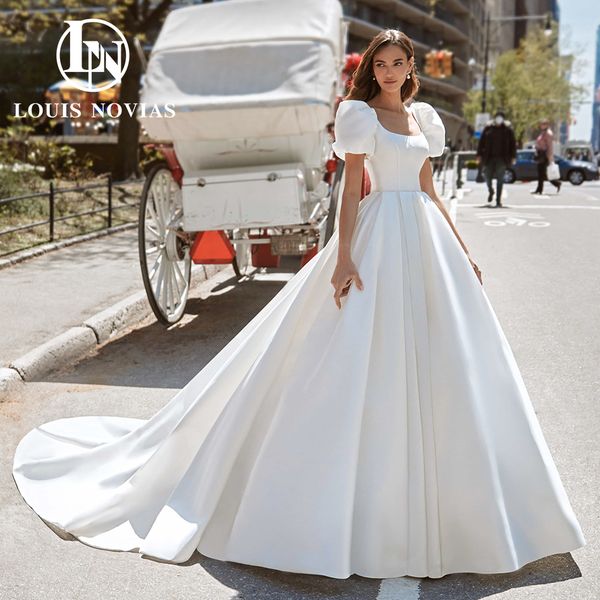 

a-line wedding dress 2023 fairy sweetheart puff sleeve backless simple satin dress for bride princess vestidos de novia, White