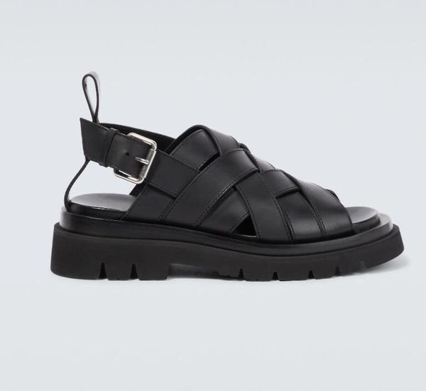 

perfect lug sandals italian brand intrecio men's flat shoes genuine leather woven ankle buckle round toe open toe modern summer casual, Black