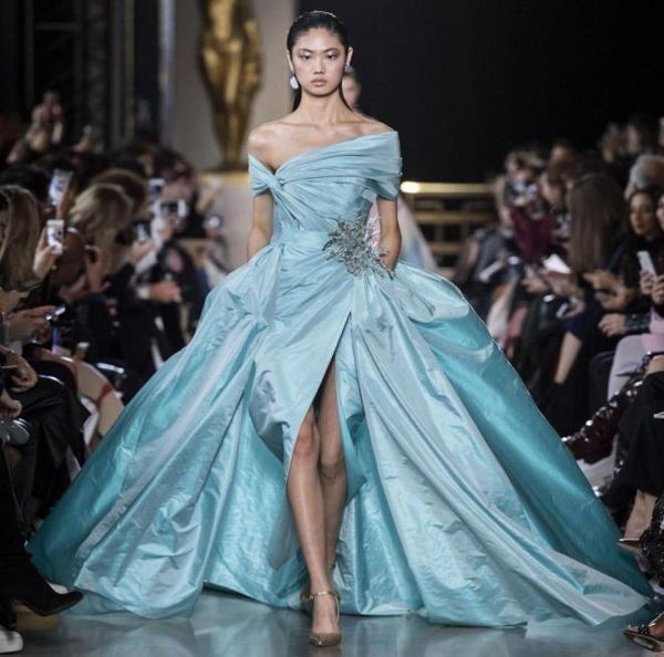 

elie saab light sky blue overskirt prom dresses off the shoulder split side formal dress taffeta pleated plus size evening gowns4211852, Black