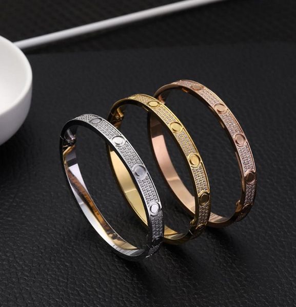 

3 row full diamond titanium steel bangle bracelet women men bracelets for lover distance jewelry gift size 1619 no box4868353, Black