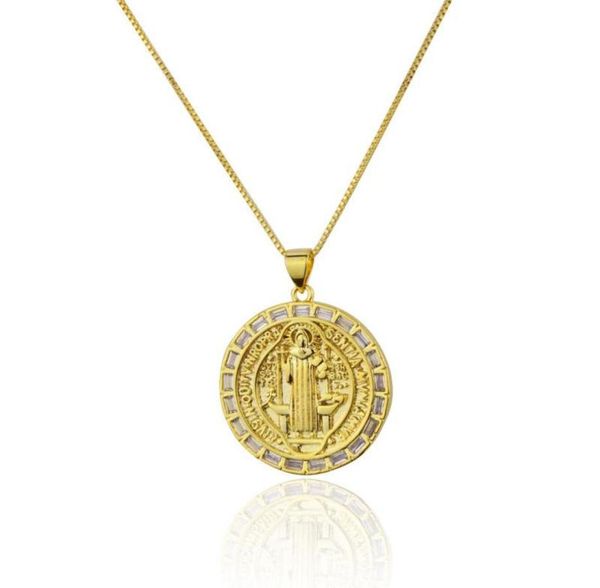 

pendant necklaces religious geometric round saint benedict for women simple zircon gold silver color chain necklace jewelry9214399
