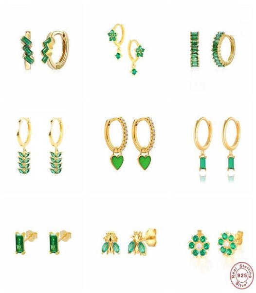 

hoop huggie genuine 925 sterling silver cartilage earring green zircon earrings for women brincos oorbellen pendientes summer je8377613, Golden;silver