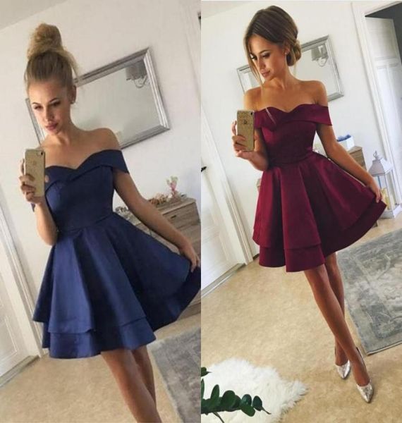 

popular dark red short prom dresses sweetheart off the shoulder ruffles satin short party dresses navy blue evening dress9649097, Black