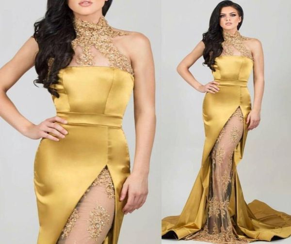 

mermaid high neck gold evening dresses beaded appliques seethrough high leg slit formal gowns party dress9889584, Black;red