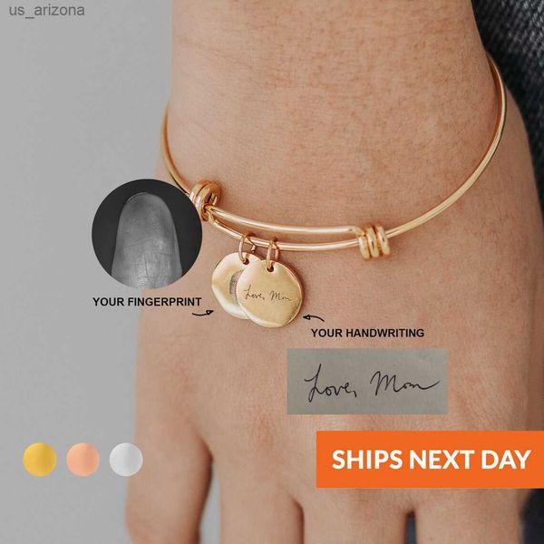 

custom engrave handwriting bangle bracelet fingerprint jewelry mothers day gift from daughter personalized sentimental charm l230620, Golden;silver