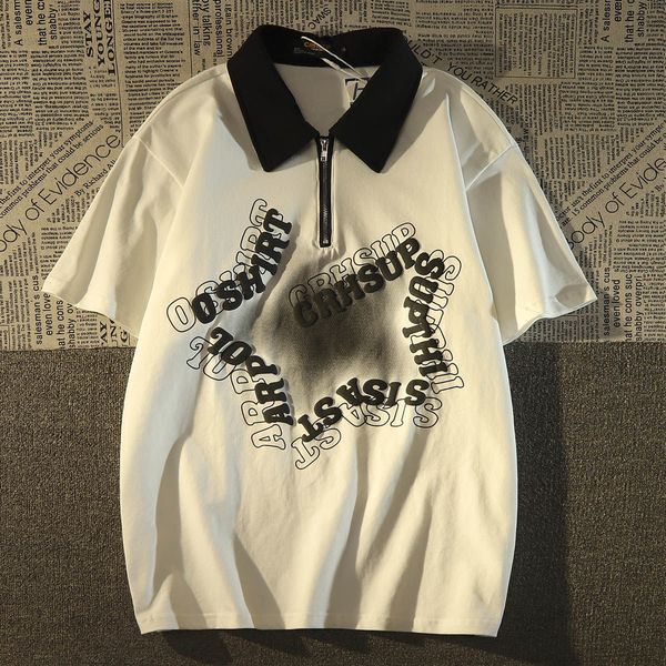 

women's tshirt american retro star polo collar cotton shortsleeved tshirt women loose vintage large size half zipper y2k 230717, White