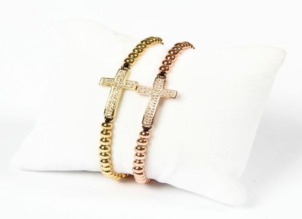 

new design jewelry whole 10pcslot new arrival 4mm brass beads micro paved clear double cz cross jesus braided bracelet for gi9400726, Golden;silver